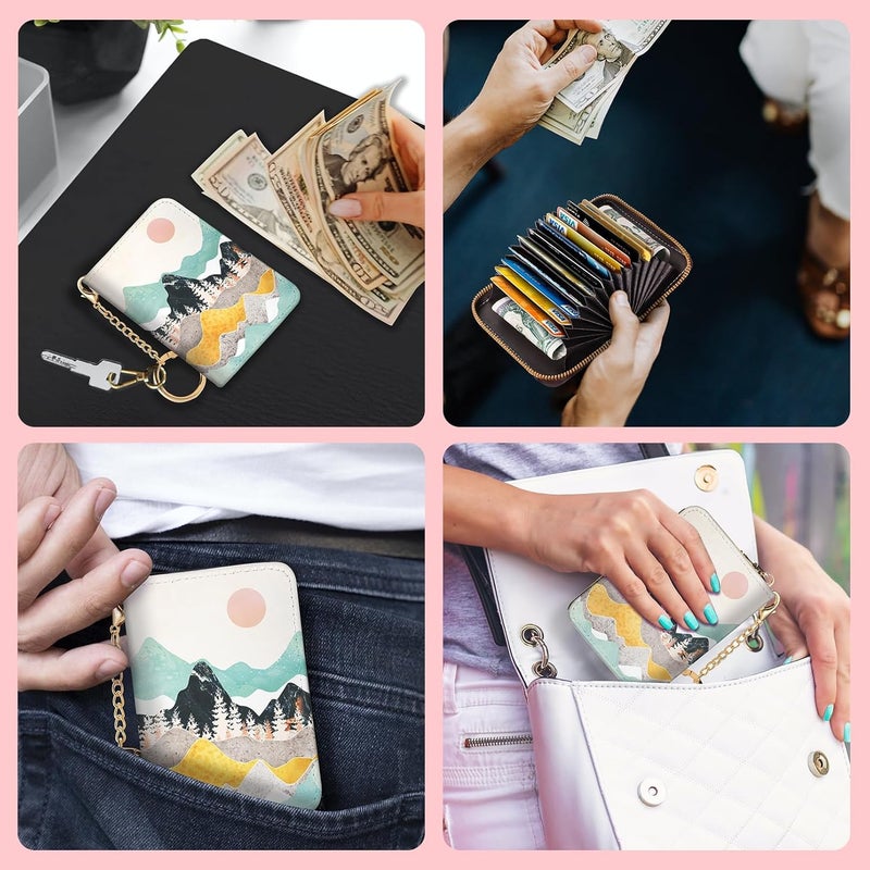 Blusabaca RFID Credit Card Holder Wallets for Women, Sunset Sunrise Mountain Small Card Case Wallet with Keychain and Zipper, Leather Card Holder Pocket Business Card Accordion Wallet - Image 3